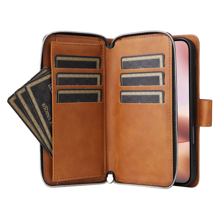 For iPhone 16 Plus 9 Card Slots Zipper Wallet Bag Leather Phone Case