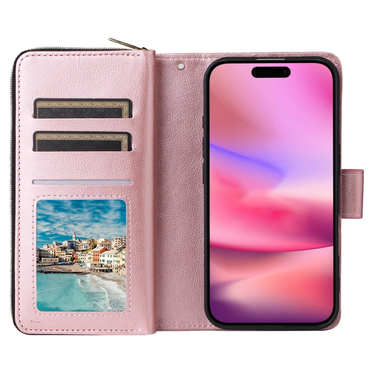 For iPhone 16 9 Card Slots Zipper Wallet Bag Leather Phone Case
