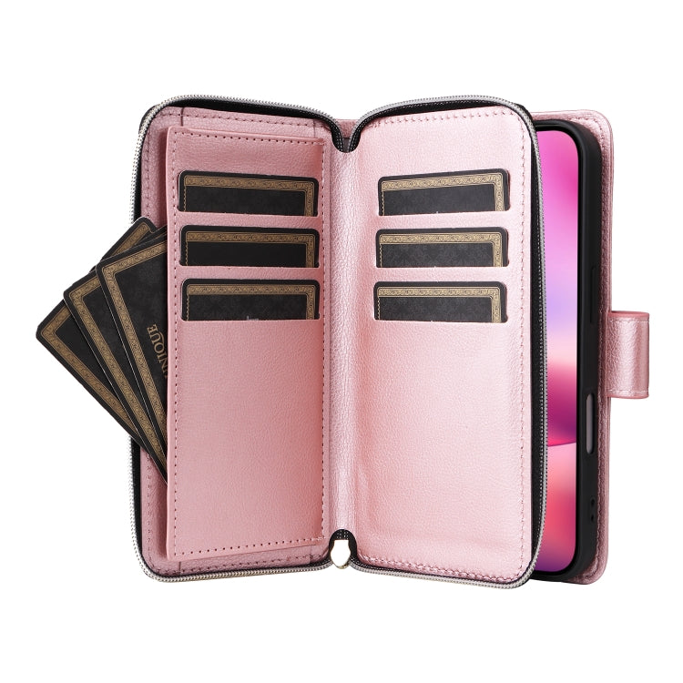 For iPhone 16 9 Card Slots Zipper Wallet Bag Leather Phone Case