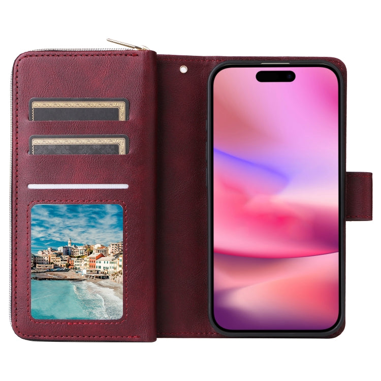 For iPhone 16 9 Card Slots Zipper Wallet Bag Leather Phone Case