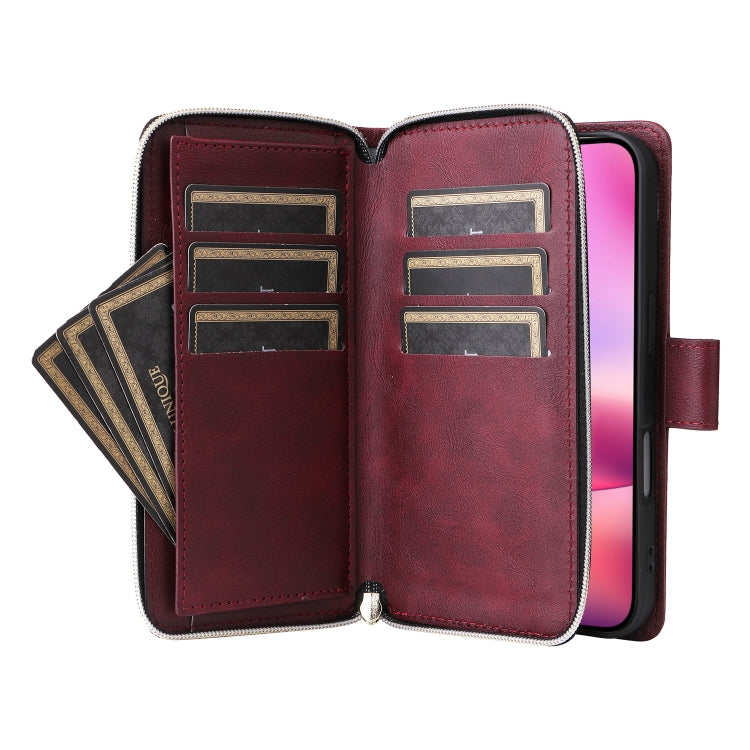 For iPhone 16 9 Card Slots Zipper Wallet Bag Leather Phone Case
