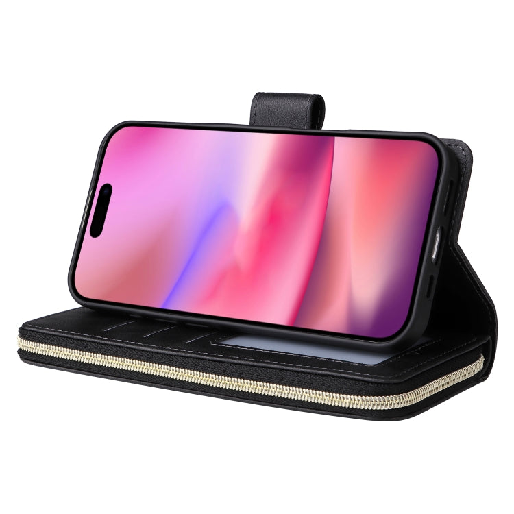 For iPhone 16 9 Card Slots Zipper Wallet Bag Leather Phone Case