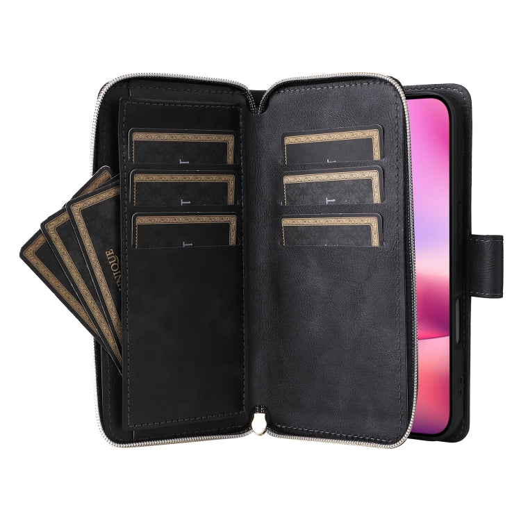For iPhone 16 9 Card Slots Zipper Wallet Bag Leather Phone Case