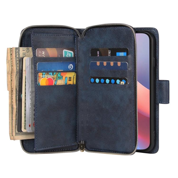 For iPhone 17e / 16e 9 Card Slots Zipper Wallet Bag Leather Phone Case