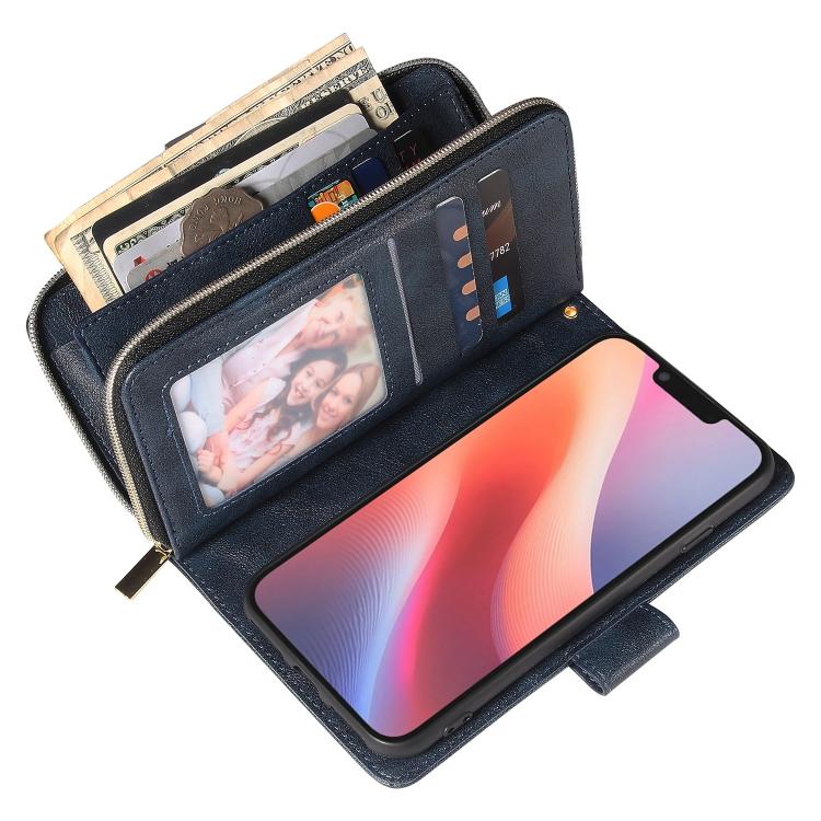 For iPhone 17e / 16e 9 Card Slots Zipper Wallet Bag Leather Phone Case