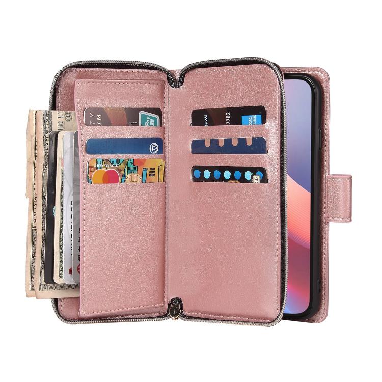 For iPhone 17e / 16e 9 Card Slots Zipper Wallet Bag Leather Phone Case
