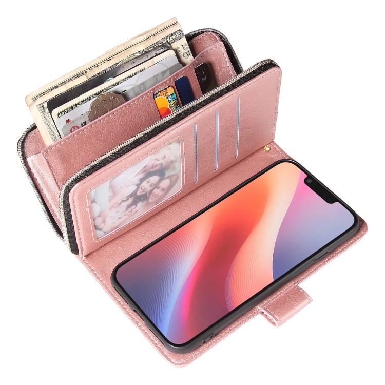 For iPhone 17e / 16e 9 Card Slots Zipper Wallet Bag Leather Phone Case