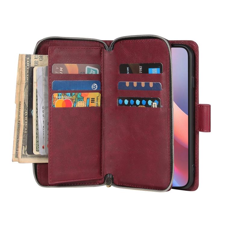 For iPhone 17e / 16e 9 Card Slots Zipper Wallet Bag Leather Phone Case