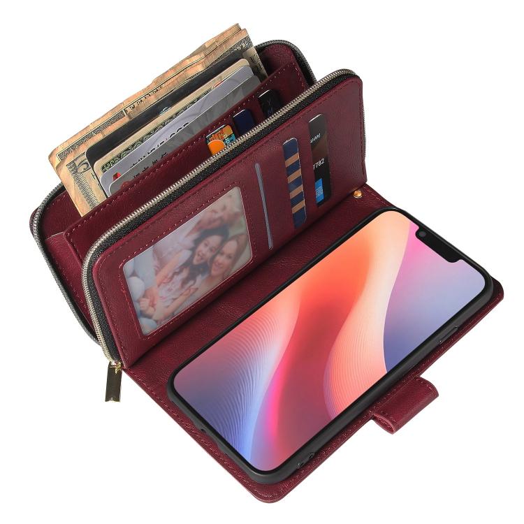 For iPhone 17e / 16e 9 Card Slots Zipper Wallet Bag Leather Phone Case