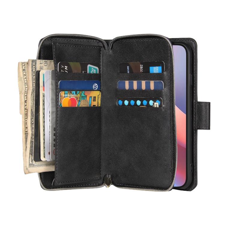 For iPhone 17e / 16e 9 Card Slots Zipper Wallet Bag Leather Phone Case