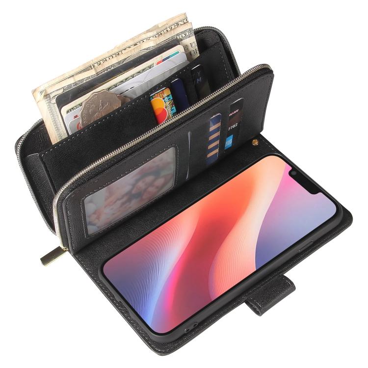 For iPhone 17e / 16e 9 Card Slots Zipper Wallet Bag Leather Phone Case