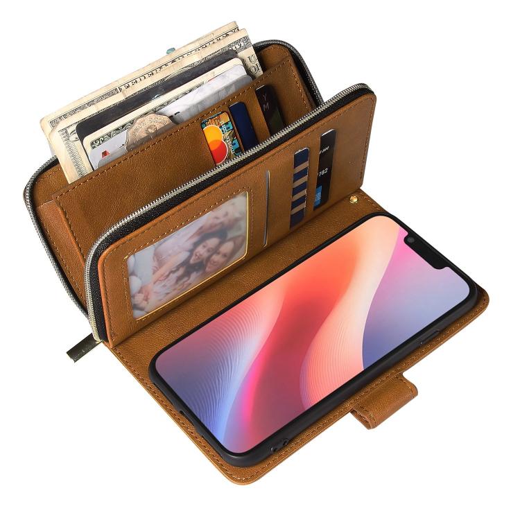For iPhone 17e / 16e 9 Card Slots Zipper Wallet Bag Leather Phone Case