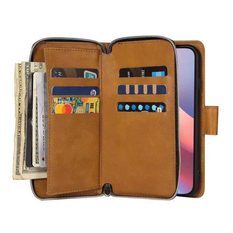 For iPhone 17e / 16e 9 Card Slots Zipper Wallet Bag Leather Phone Case