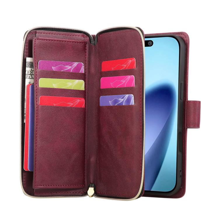 For iPhone 17 Pro Max 9 Card Slots Zipper Wallet Bag Leather Phone Case