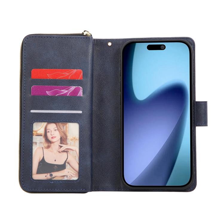 For iPhone 17 Pro 9 Card Slots Zipper Wallet Bag Leather Phone Case