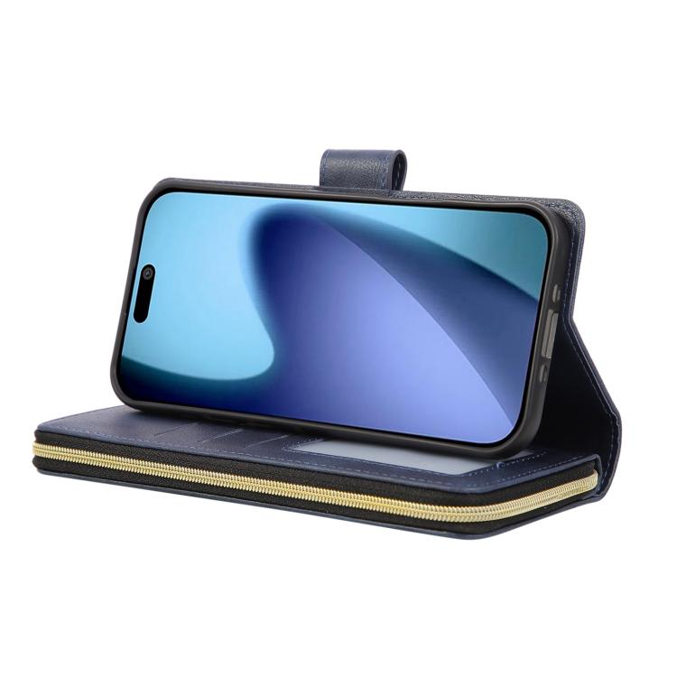 For iPhone 17 Pro 9 Card Slots Zipper Wallet Bag Leather Phone Case