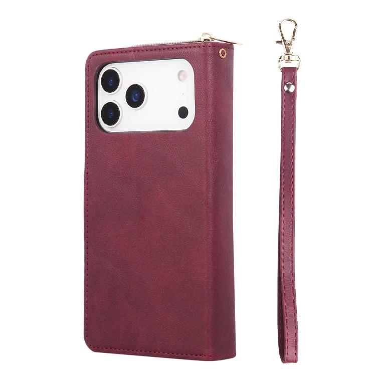 For iPhone 17 Pro 9 Card Slots Zipper Wallet Bag Leather Phone Case