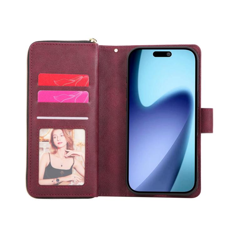 For iPhone 17 Pro 9 Card Slots Zipper Wallet Bag Leather Phone Case