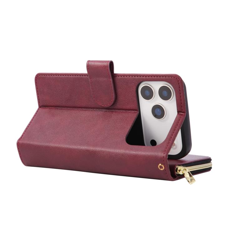 For iPhone 17 Pro 9 Card Slots Zipper Wallet Bag Leather Phone Case