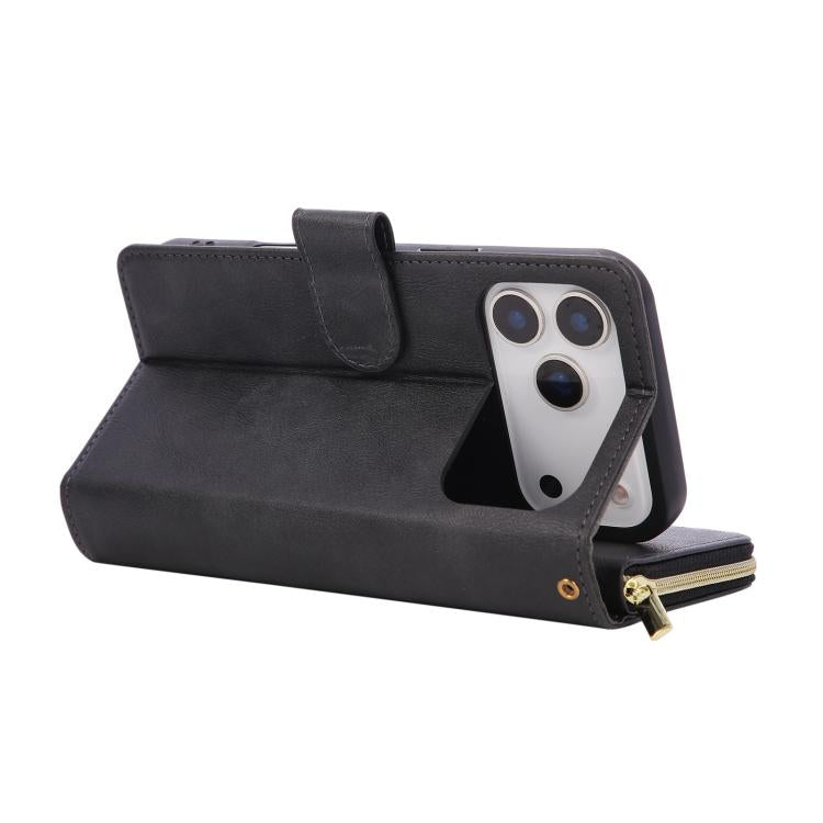 For iPhone 17 Pro 9 Card Slots Zipper Wallet Bag Leather Phone Case