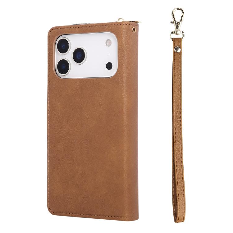 For iPhone 17 Pro 9 Card Slots Zipper Wallet Bag Leather Phone Case