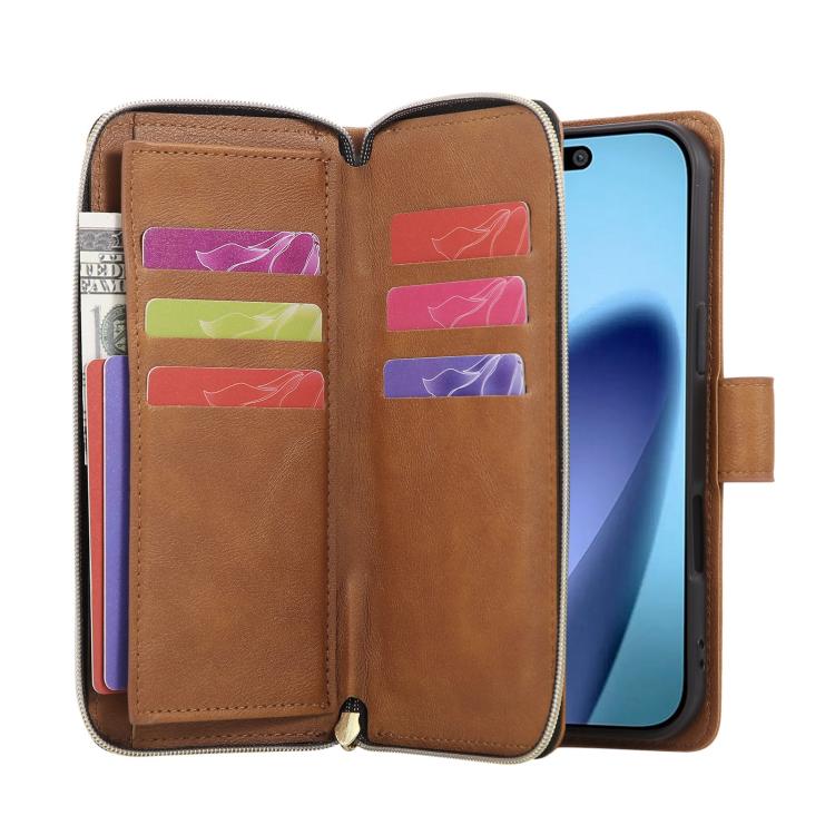 For iPhone 17 Pro 9 Card Slots Zipper Wallet Bag Leather Phone Case