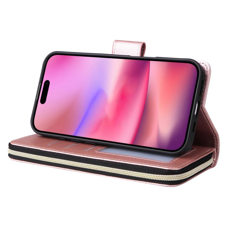 For iPhone 17 9 Card Slots Zipper Wallet Bag Leather Phone Case