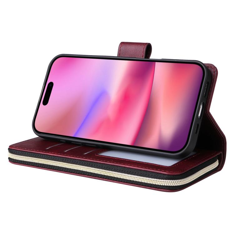 For iPhone 17 9 Card Slots Zipper Wallet Bag Leather Phone Case