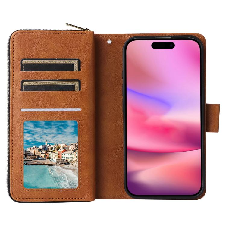 For iPhone 17 9 Card Slots Zipper Wallet Bag Leather Phone Case