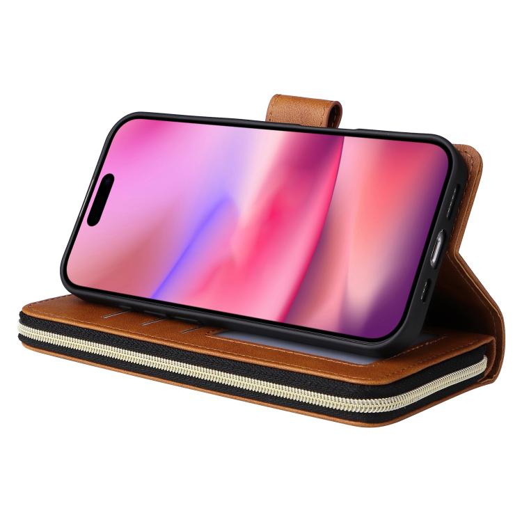 For iPhone 17 9 Card Slots Zipper Wallet Bag Leather Phone Case