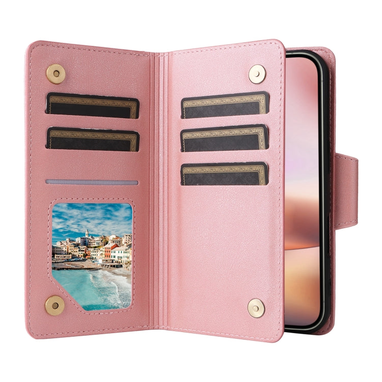 For iPhone 16 Rivet Buckle 9 Cards Three Fold Leather Phone Case