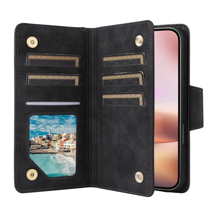 For iPhone 16 Rivet Buckle 9 Cards Three Fold Leather Phone Case