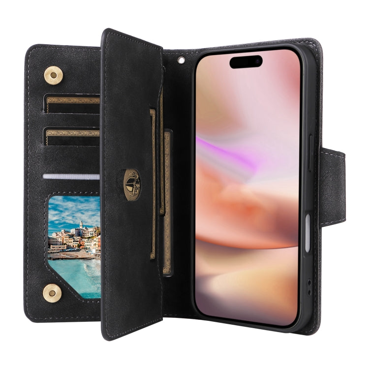 For iPhone 16 Rivet Buckle 9 Cards Three Fold Leather Phone Case