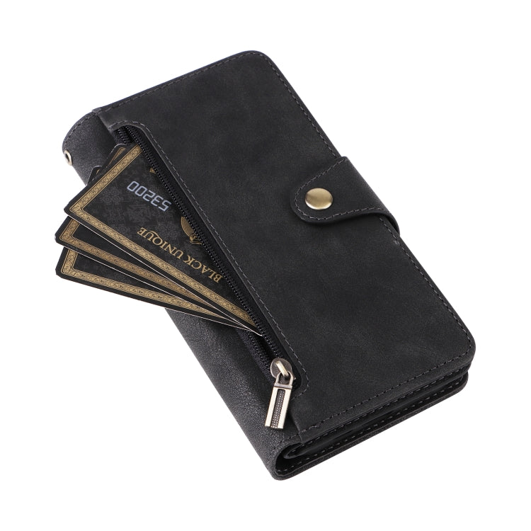 For iPhone 16 Rivet Buckle 9 Cards Three Fold Leather Phone Case