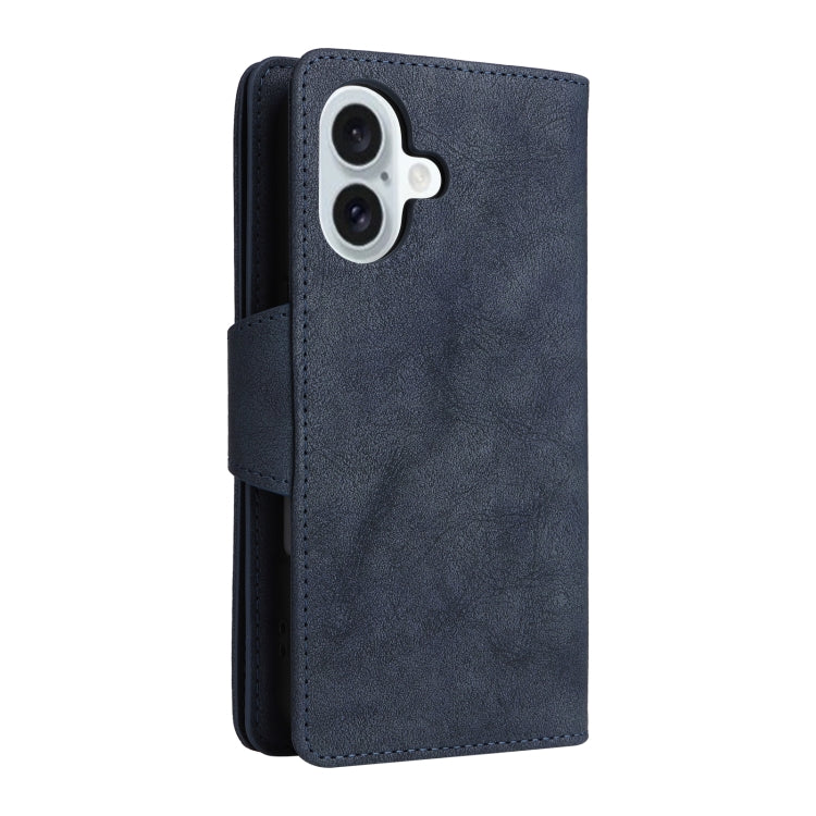 For iPhone 16 Rivet Buckle 9 Cards Three Fold Leather Phone Case