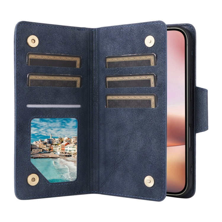 For iPhone 16 Rivet Buckle 9 Cards Three Fold Leather Phone Case
