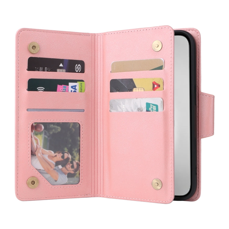 For iPhone 16 Pro Rivet Buckle 9 Cards Three Fold Leather Phone Case