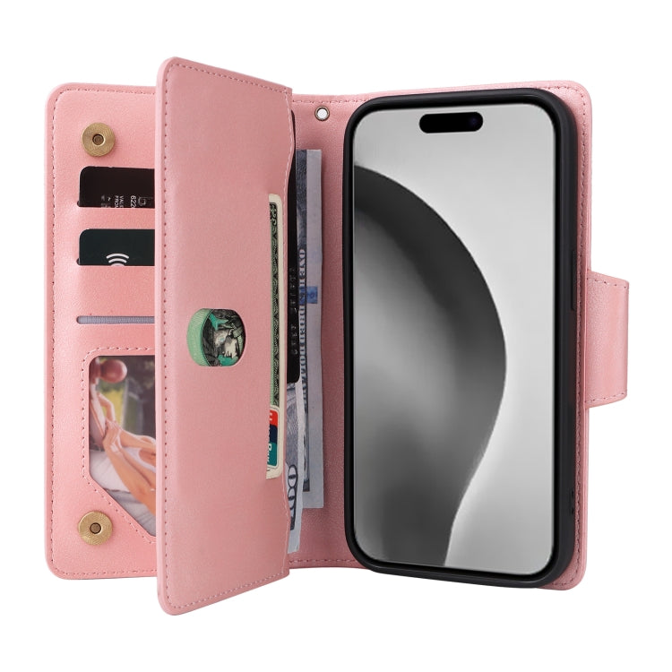 For iPhone 16 Pro Rivet Buckle 9 Cards Three Fold Leather Phone Case