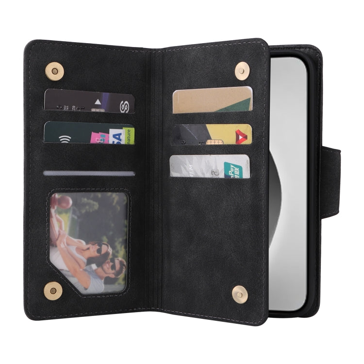 For iPhone 16 Pro Rivet Buckle 9 Cards Three Fold Leather Phone Case