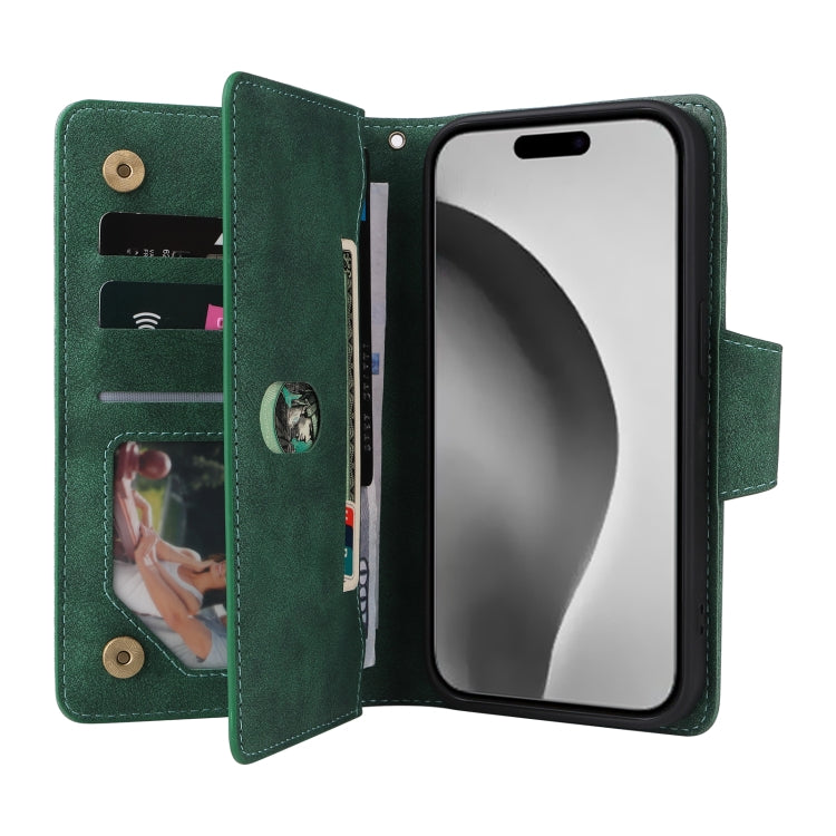 For iPhone 16 Pro Rivet Buckle 9 Cards Three Fold Leather Phone Case