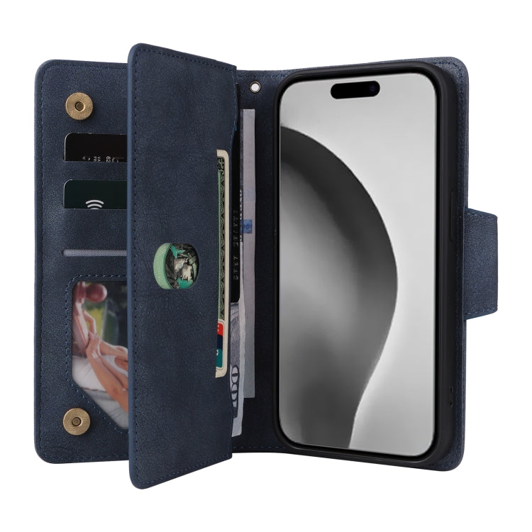 For iPhone 16 Pro Rivet Buckle 9 Cards Three Fold Leather Phone Case