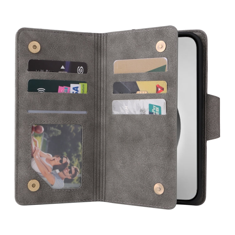 For iPhone 16 Pro Rivet Buckle 9 Cards Three Fold Leather Phone Case