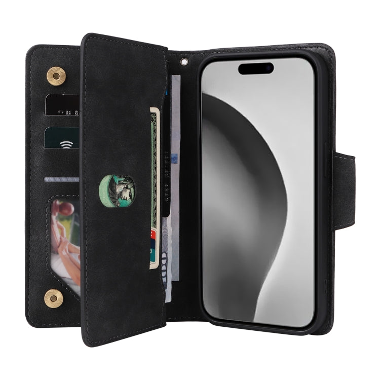 For iPhone 16 Pro Max Rivet Buckle 9 Cards Three Fold Leather Phone Case