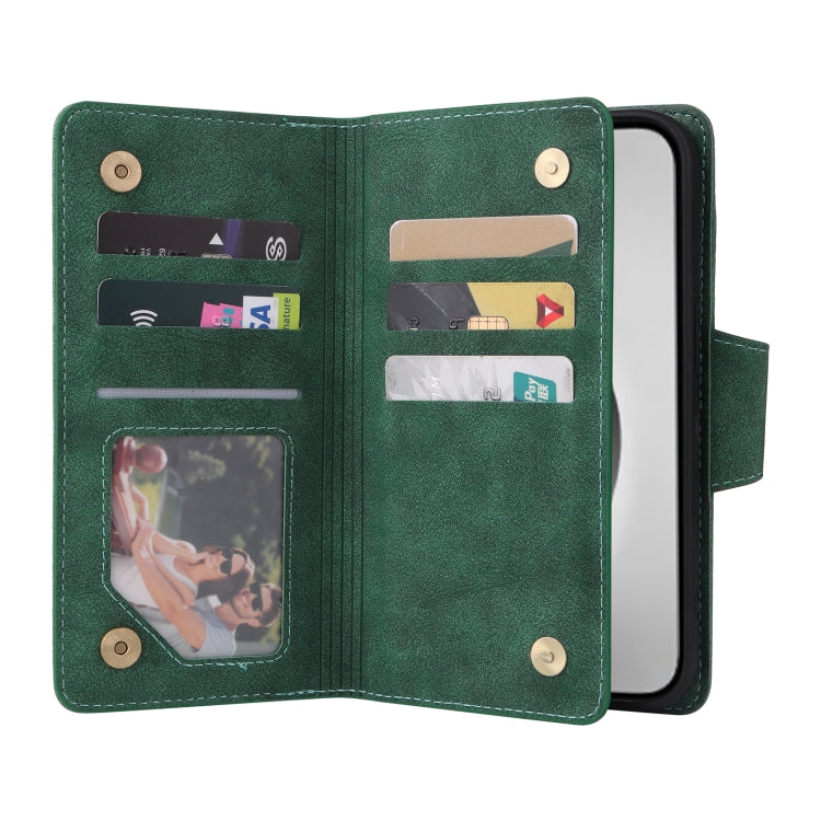 For iPhone 16 Pro Max Rivet Buckle 9 Cards Three Fold Leather Phone Case