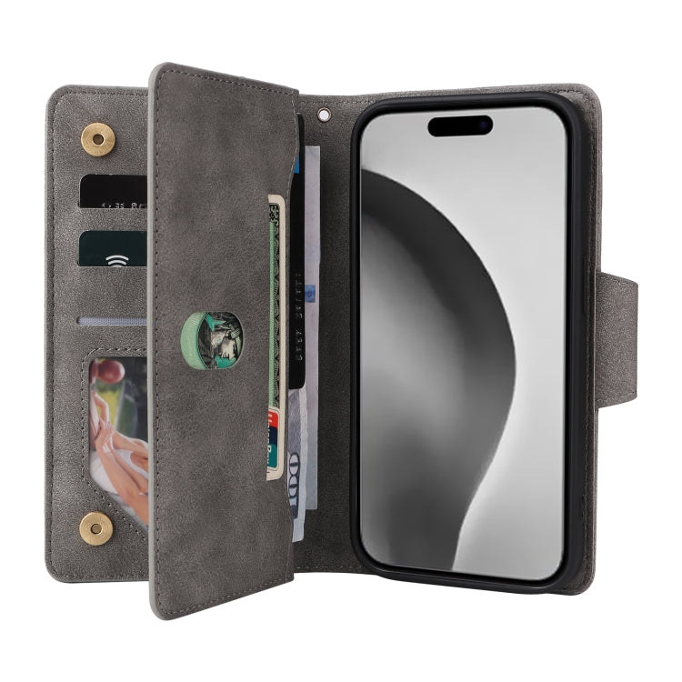 For iPhone 16 Pro Max Rivet Buckle 9 Cards Three Fold Leather Phone Case
