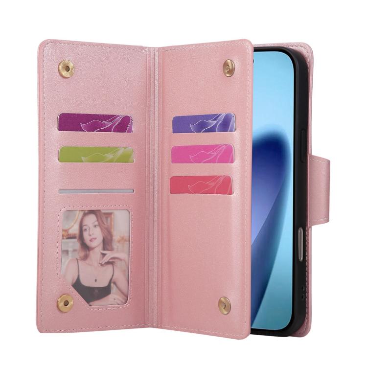 For iPhone 17 Pro Max Rivet Buckle 9 Cards Three Fold Leather Phone Case