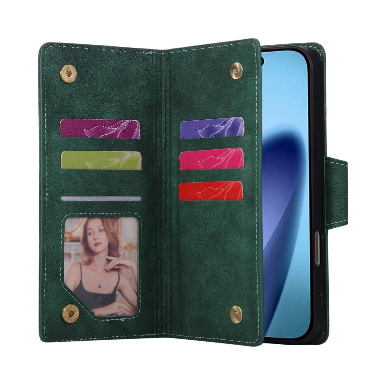 For iPhone 17 Pro Max Rivet Buckle 9 Cards Three Fold Leather Phone Case