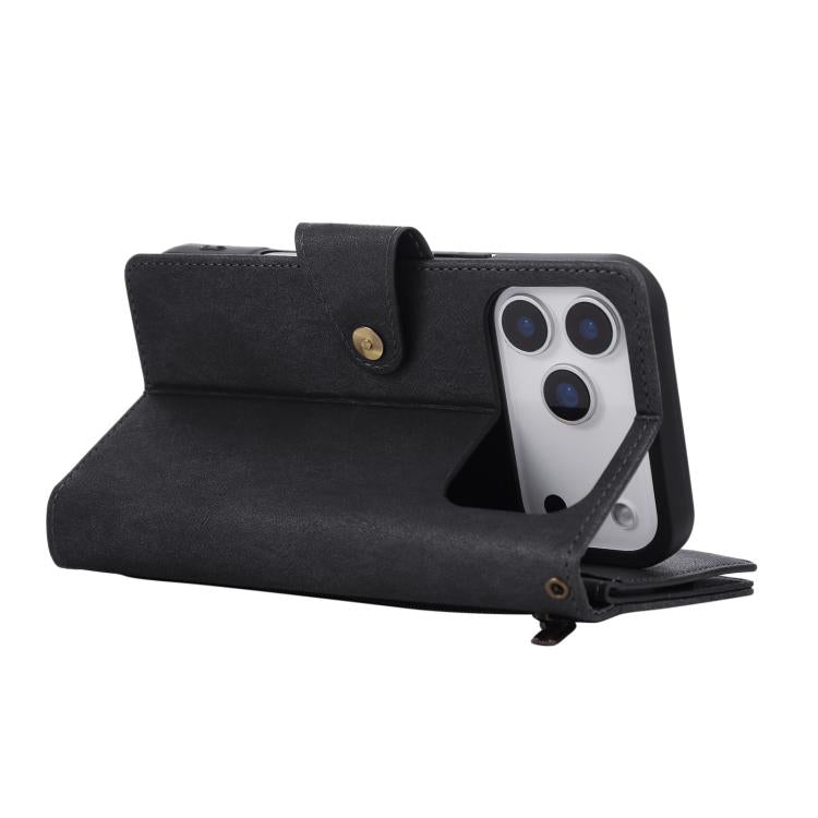 For iPhone 17 Pro Rivet Buckle 9 Cards Three Fold Leather Phone Case