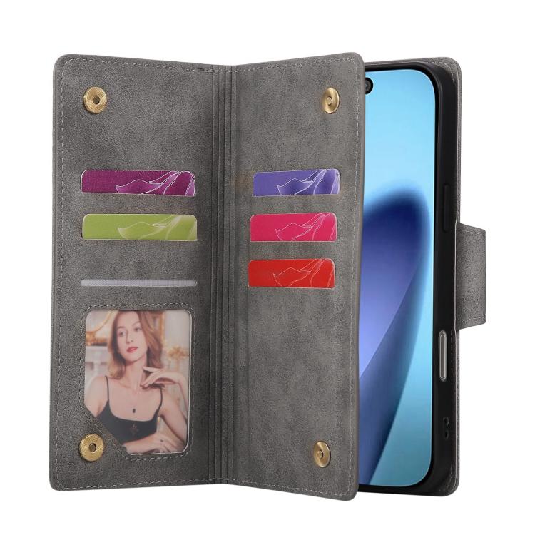 For iPhone 17 Pro Rivet Buckle 9 Cards Three Fold Leather Phone Case