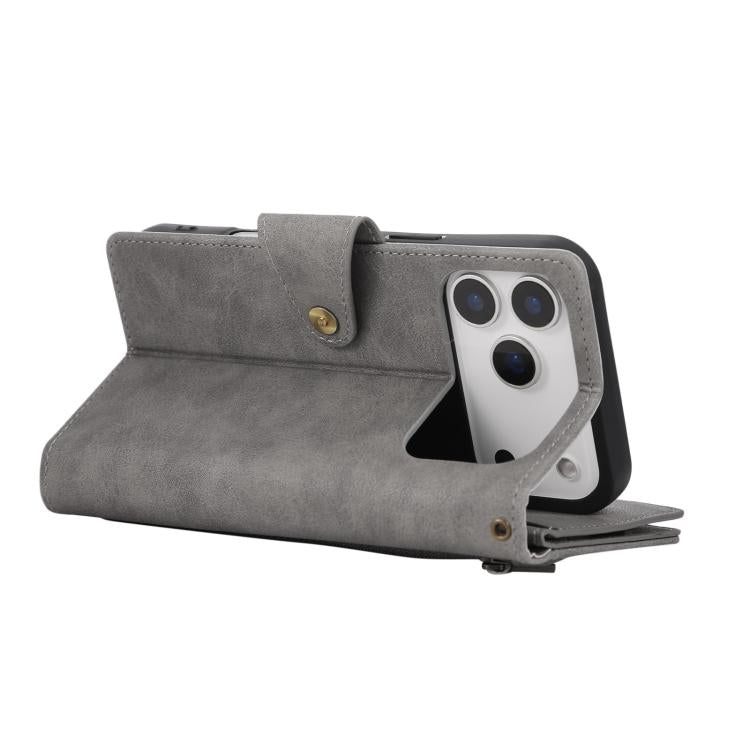 For iPhone 17 Pro Rivet Buckle 9 Cards Three Fold Leather Phone Case